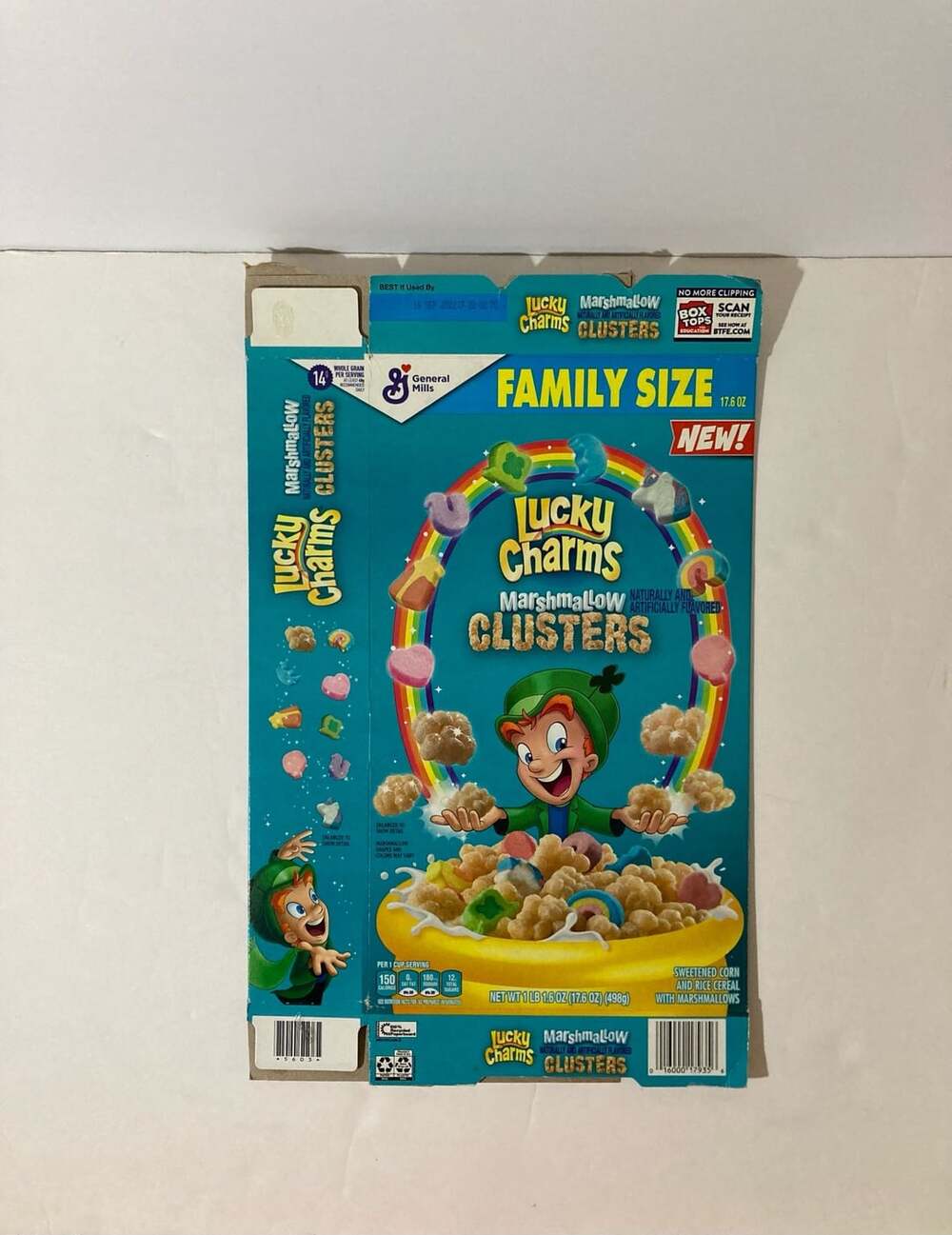 General Mills Lucky Charms Marshmallow Clusters Family Size Cereal Box Empty